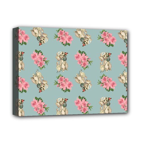 Retro Dog Floral Pattern Blue Deluxe Canvas 16  X 12  (stretched) 