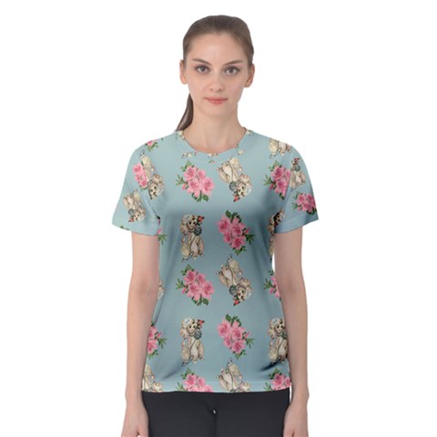 Retro Dog Floral Pattern Blue Women s Sport Mesh Tee by snowwhitegirl