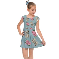 Retro Dog Floral Pattern Blue Kids Cap Sleeve Dress