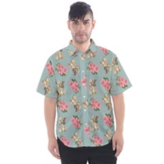 Retro Dog Floral Pattern Blue Men s Short Sleeve Shirt