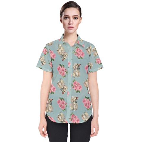 Retro Dog Floral Pattern Blue Women s Short Sleeve Shirt by snowwhitegirl