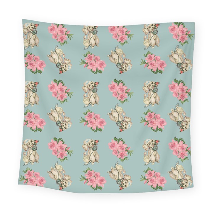 Retro Dog Floral Pattern Blue Square Tapestry (Large)