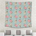 Retro Dog Floral Pattern Blue Square Tapestry (Large) View2