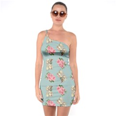 Retro Dog Floral Pattern Blue One Soulder Bodycon Dress by snowwhitegirl