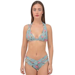 Retro Dog Floral Pattern Blue Double Strap Halter Bikini Set