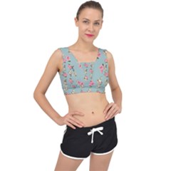 Retro Dog Floral Pattern Blue V-back Sports Bra