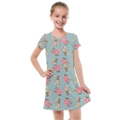 Retro Dog Floral Pattern Blue Kids  Cross Web Dress