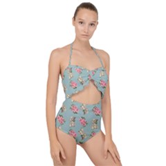 Retro Dog Floral Pattern Blue Scallop Top Cut Out Swimsuit