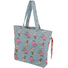 Retro Dog Floral Pattern Blue Drawstring Tote Bag