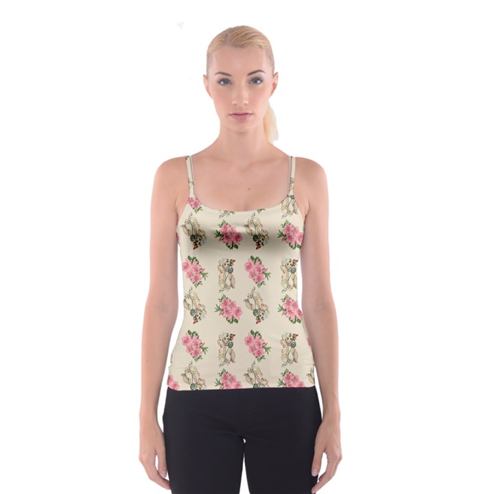 Retro Dog Floral Pattern Ecru Spaghetti Strap Top