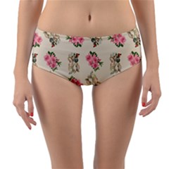 Retro Dog Floral Pattern Ecru Reversible Mid-waist Bikini Bottoms by snowwhitegirl