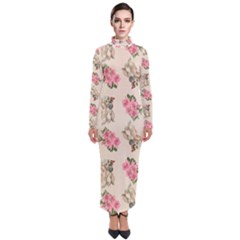 Retro Dog Floral Pattern Ecru Turtleneck Maxi Dress