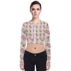 Retro Dog Floral Pattern Ecru Zip Up Bomber Jacket