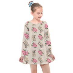 Retro Dog Floral Pattern Ecru Kids  Long Sleeve Dress by snowwhitegirl