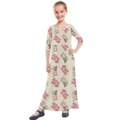 Retro Dog Floral Pattern Ecru Kids  Quarter Sleeve Maxi Dress by snowwhitegirl