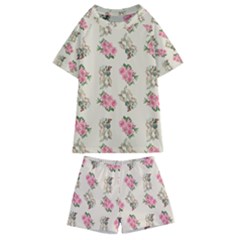 Retro Dog Floral Pattern Ecru Kids  Swim Tee And Shorts Set