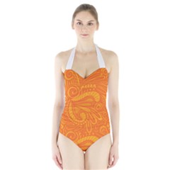 Pop Orange Halter Swimsuit by ArtByAmyMinori