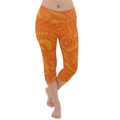 Pop Orange Lightweight Velour Capri Yoga Leggings by ArtByAmyMinori