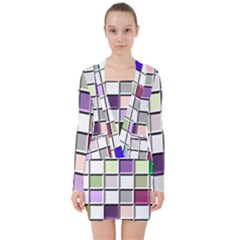 Color Tiles Abstract Mosaic Background V-neck Bodycon Long Sleeve Dress