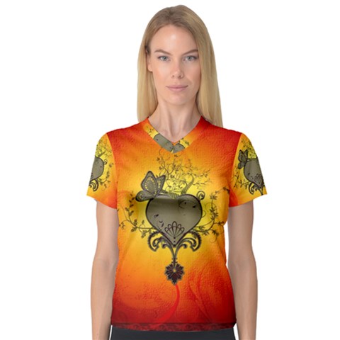 Wonderful Heart With Butterflies And Floral Elements V-neck Sport Mesh Tee by FantasyWorld7