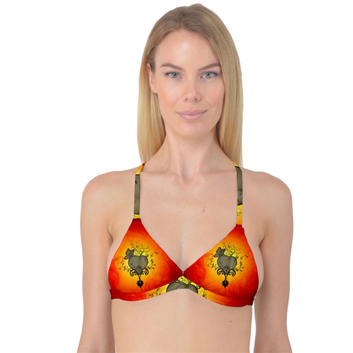 Wonderful Heart With Butterflies And Floral Elements Reversible Tri Bikini Top