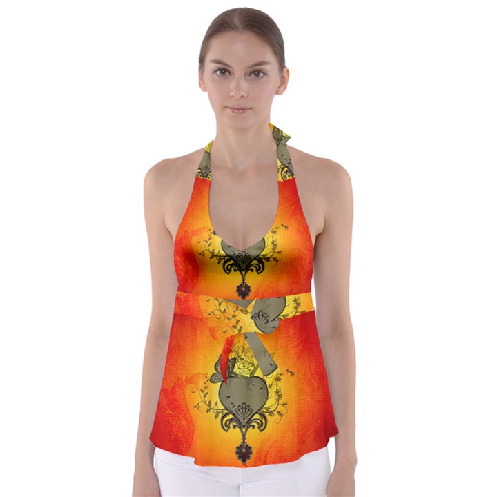 Wonderful Heart With Butterflies And Floral Elements Babydoll Tankini Top