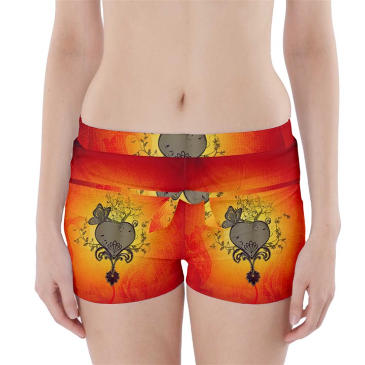 Wonderful Heart With Butterflies And Floral Elements Boyleg Bikini Wrap Bottoms