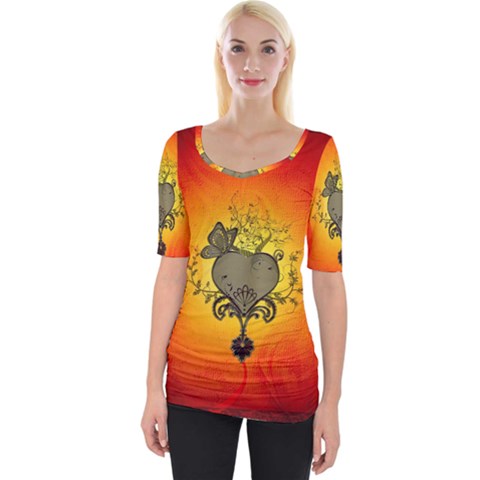 Wonderful Heart With Butterflies And Floral Elements Wide Neckline Tee by FantasyWorld7