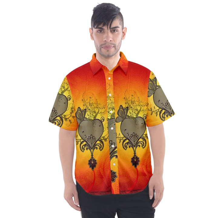 Wonderful Heart With Butterflies And Floral Elements Men s Short Sleeve Shirt