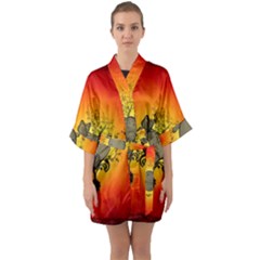 Wonderful Heart With Butterflies And Floral Elements Quarter Sleeve Kimono Robe by FantasyWorld7