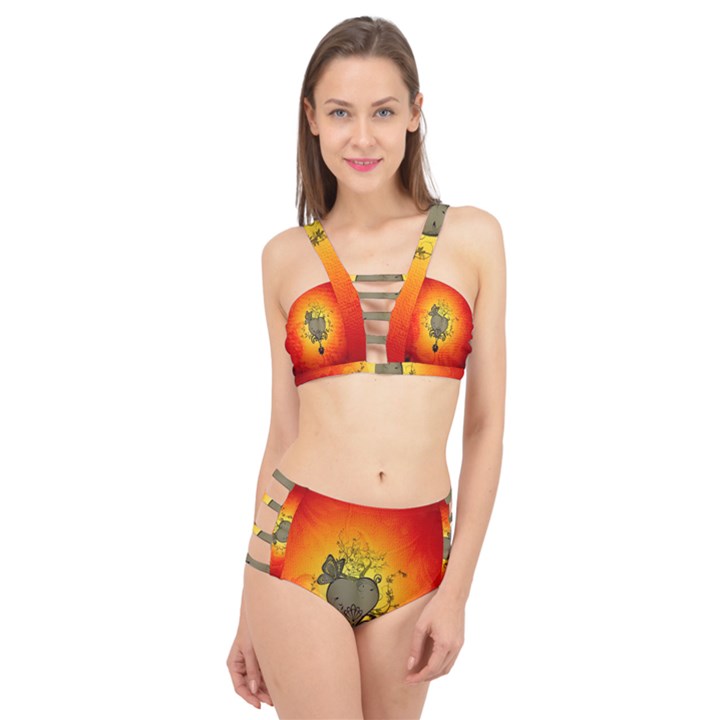 Wonderful Heart With Butterflies And Floral Elements Cage Up Bikini Set