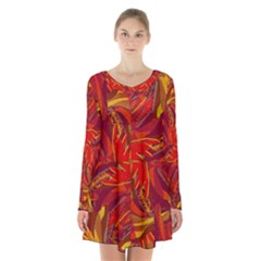 Colorful Abstract Ethnic Style Pattern Long Sleeve Velvet V-neck Dress