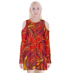 Colorful Abstract Ethnic Style Pattern Velvet Long Sleeve Shoulder Cutout Dress