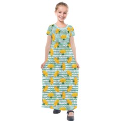 Pale Turquoise Stripes & Daisy Print Kids  Short Sleeve Maxi Dress