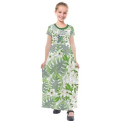 Sea Green Summer Palm Leaves Print Kids  Short Sleeve Maxi Dress by PattyVilleDesigns