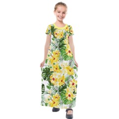 Yellow Hibiscus Floral & Montera Leafs Kids  Short Sleeve Maxi Dress