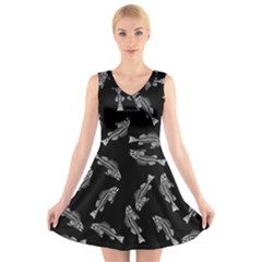 Vintage Fish Skeleton Pattern  V-neck Sleeveless Dress by Valentinaart