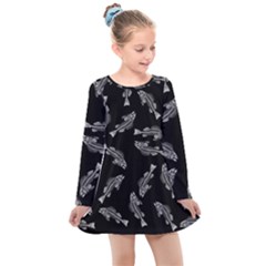 Vintage Fish Skeleton Pattern  Kids  Long Sleeve Dress