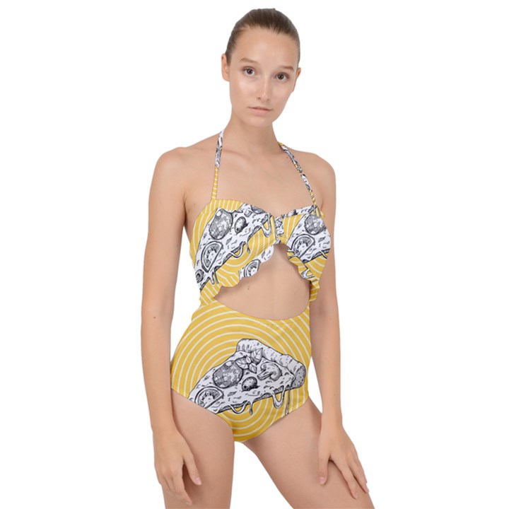 Pop art pizza Scallop Top Cut Out Swimsuit