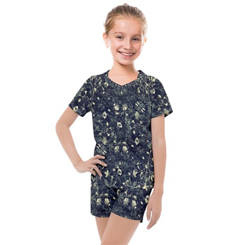 Dark Floral Collage Pattern Kids  Mesh Tee And Shorts Set by dflcprints