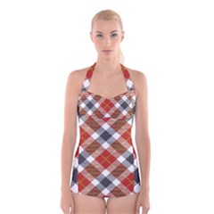 Smart Plaid Warm Colors Boyleg Halter Swimsuit  by ImpressiveMoments