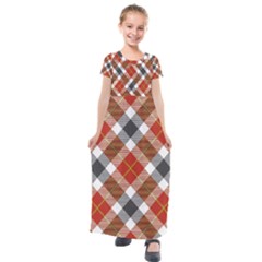 Smart Plaid Warm Colors Kids  Short Sleeve Maxi Dress