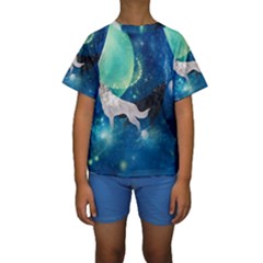 Awesome Black And White Wolf In The Universe Kids  Short Sleeve Swimwear by FantasyWorld7