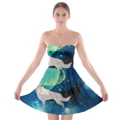 Awesome Black And White Wolf In The Universe Strapless Bra Top Dress by FantasyWorld7