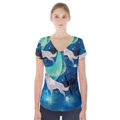 Awesome Black And White Wolf In The Universe Short Sleeve Front Detail Top by FantasyWorld7