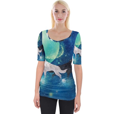 Awesome Black And White Wolf In The Universe Wide Neckline Tee by FantasyWorld7