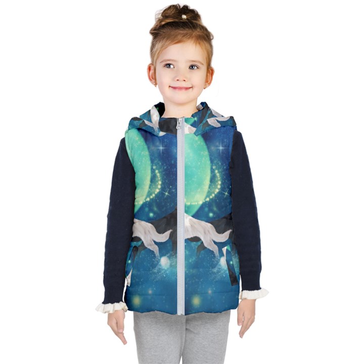 Awesome Black And White Wolf In The Universe Kid s Hooded Puffer Vest