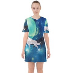 Awesome Black And White Wolf In The Universe Sixties Short Sleeve Mini Dress by FantasyWorld7