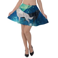 Awesome Black And White Wolf In The Universe Velvet Skater Skirt by FantasyWorld7