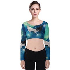 Awesome Black And White Wolf In The Universe Velvet Long Sleeve Crop Top